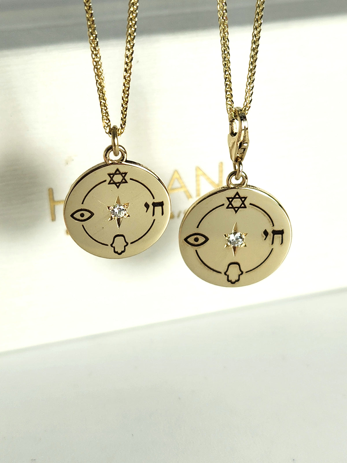 Small "Jewish compas" necklace, 14k gold set with natural diamond.