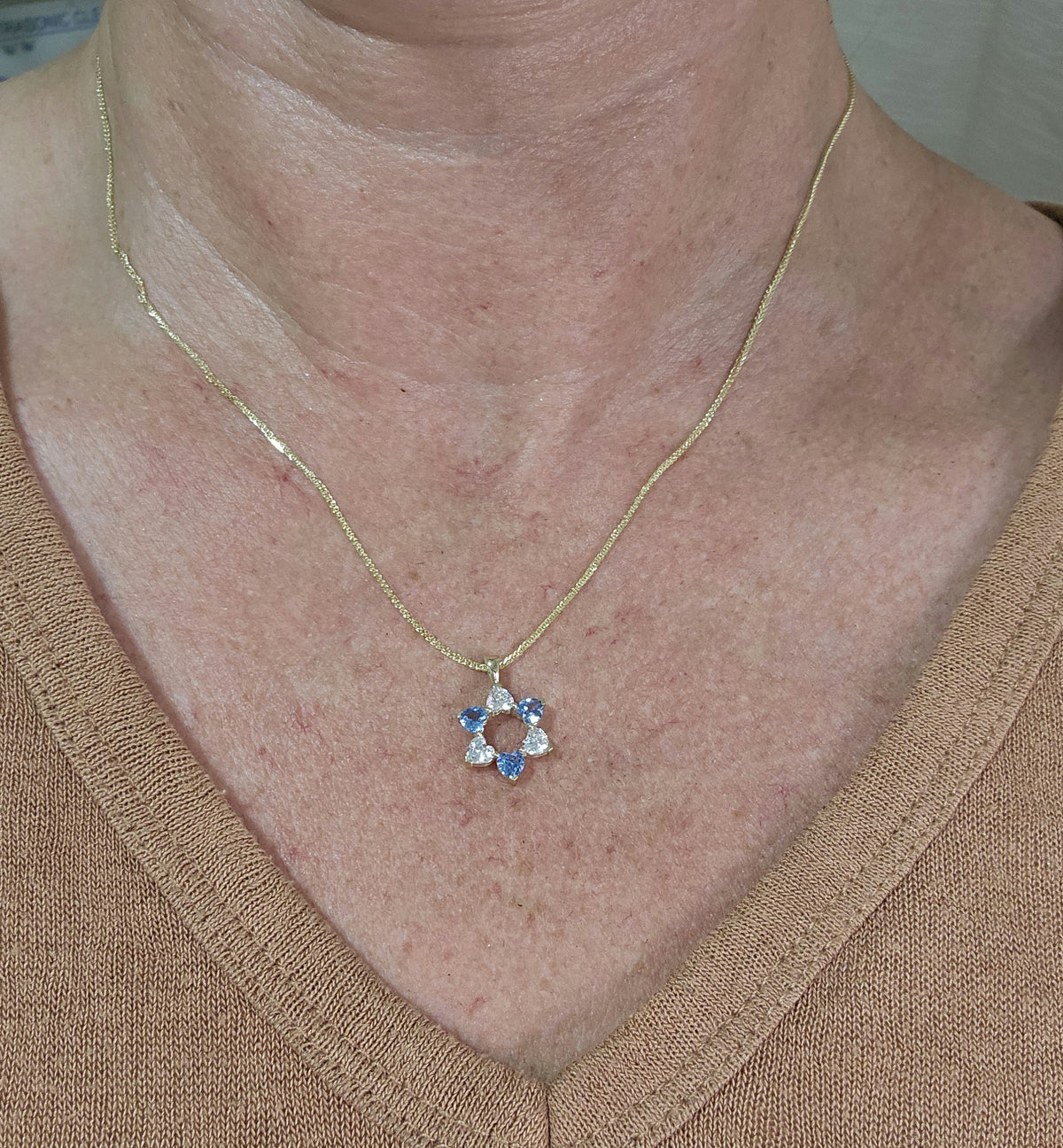 "David in love" 14k gold star of David set with 6 heart shaped cz on 14k chain