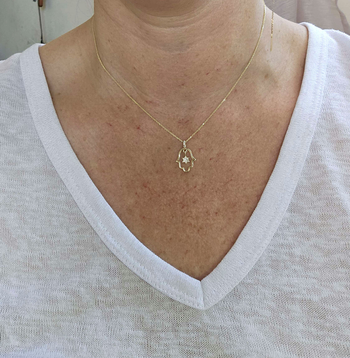 Midum diamond hamsa star david in 14k gold