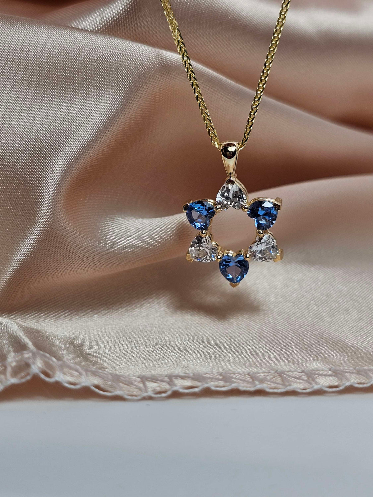 "David in love" 14k gold star of David set with 6 heart shaped cz on 14k chain