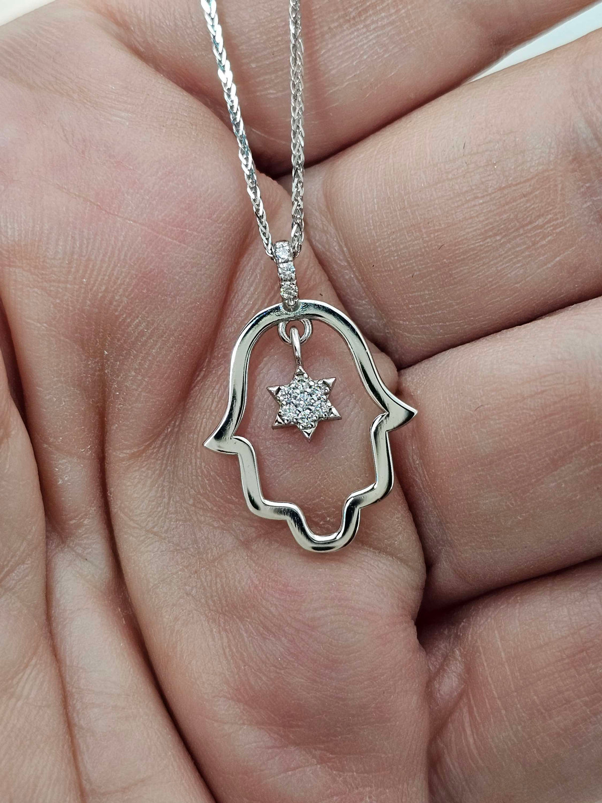 Large Hamsa diamond star of David pendant 14k gold set with natural diamonds