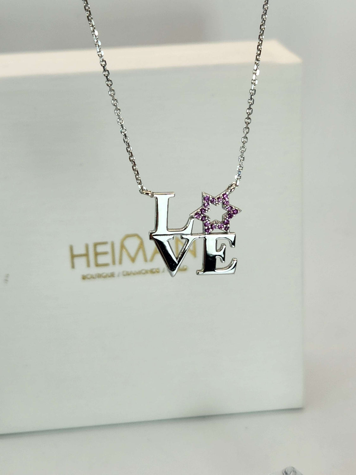 Love star david necklace, set with pink sapphires, 14k white gold