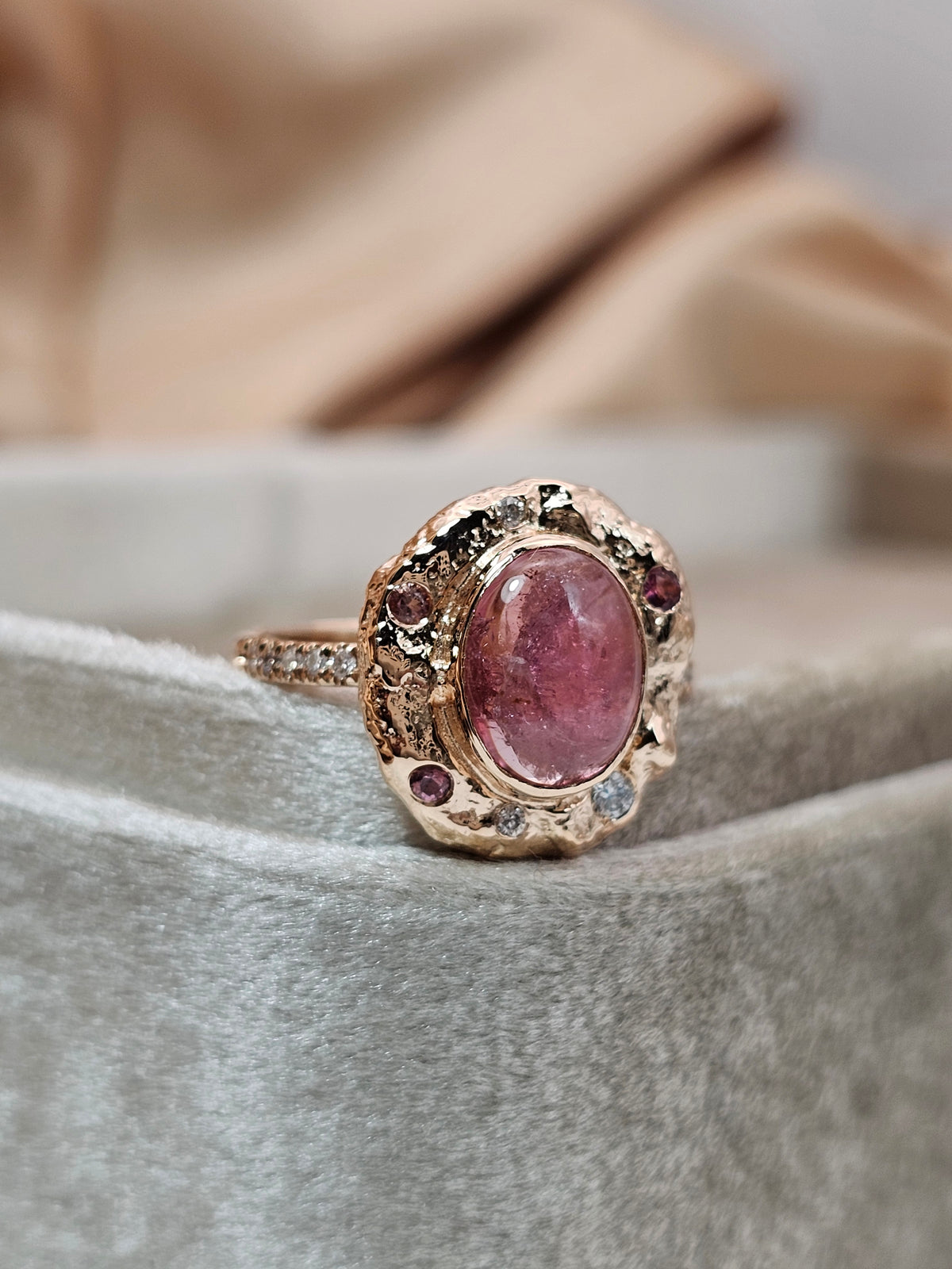 Pink tourmaline ring, 14k rose gold set with natural tourmaline and diamonds.
