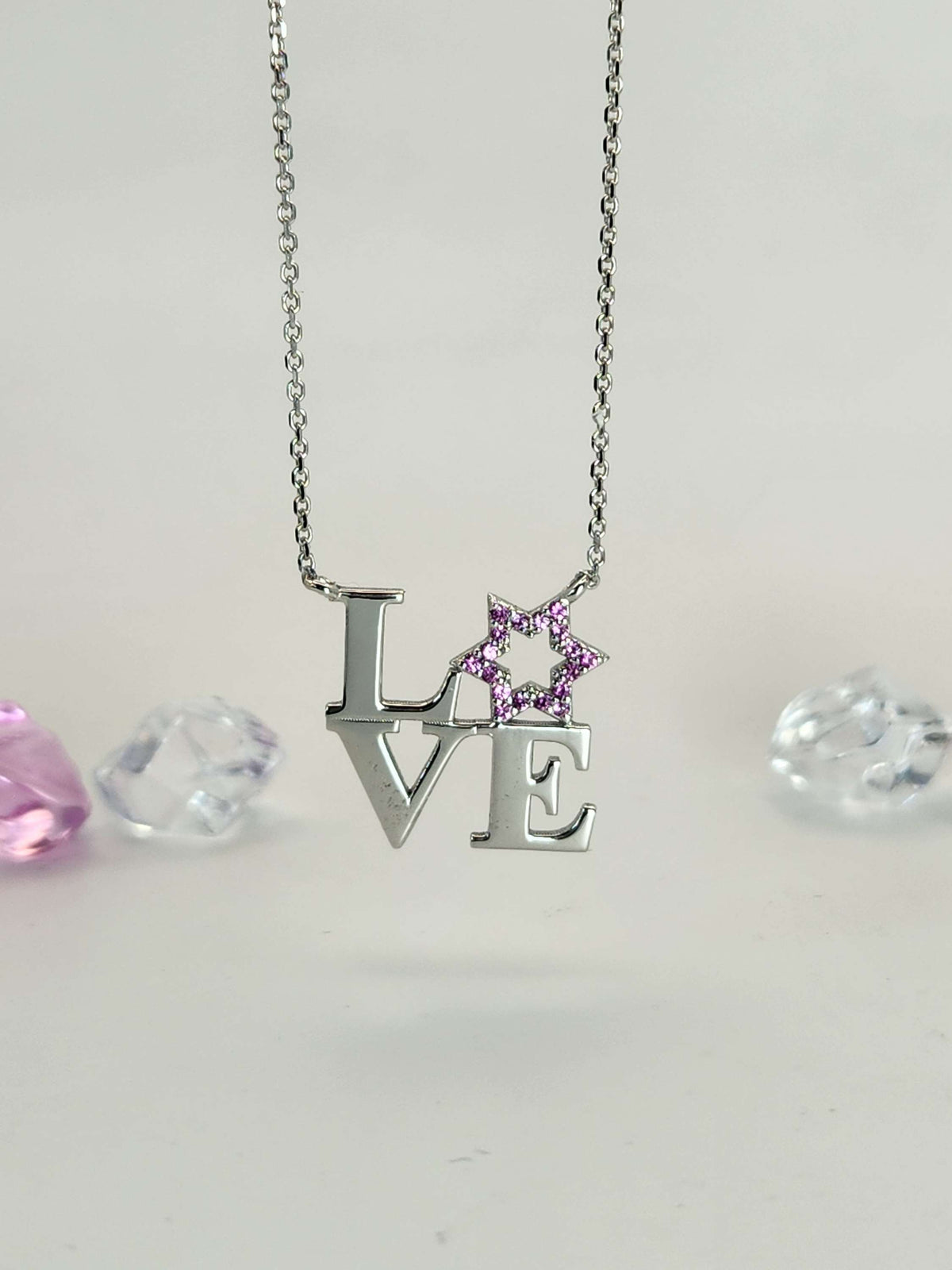 Love star david necklace, set with pink sapphires, 14k white gold