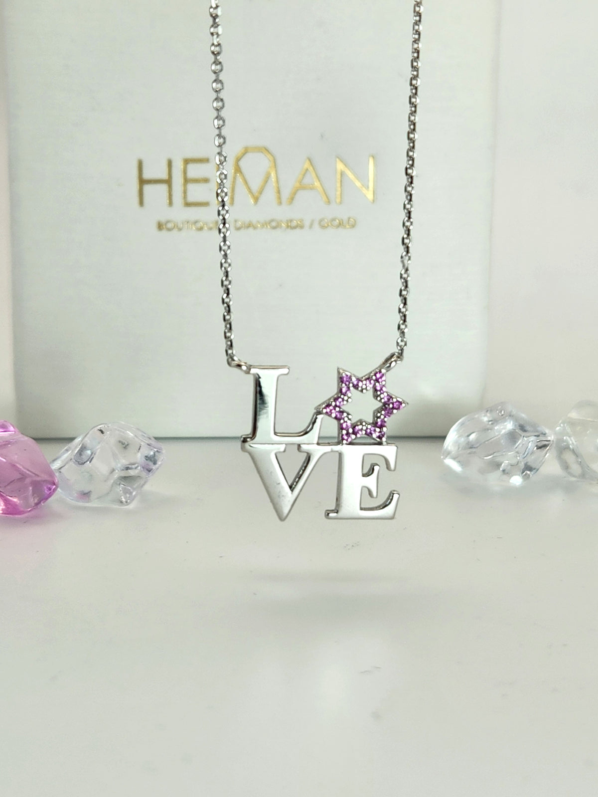 Love star david necklace, set with pink sapphires, 14k white gold
