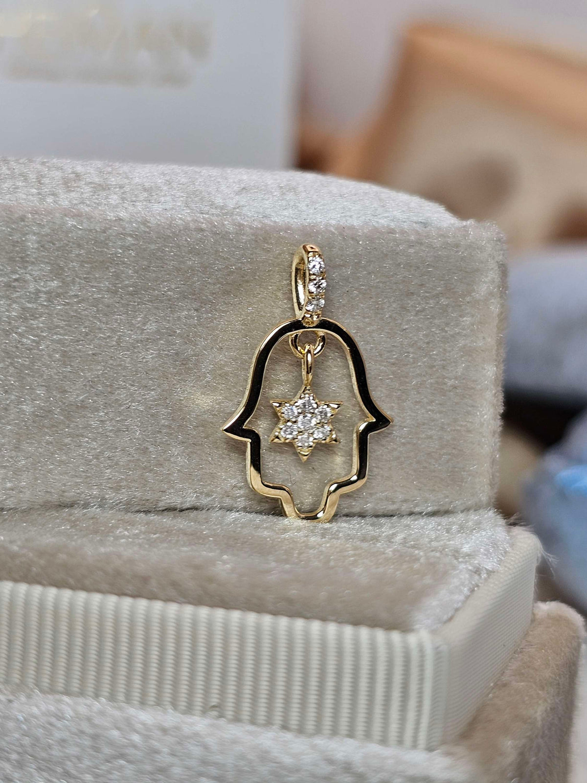 Hamsa pendant  midum size 14k set with natural diamonds  pendant only