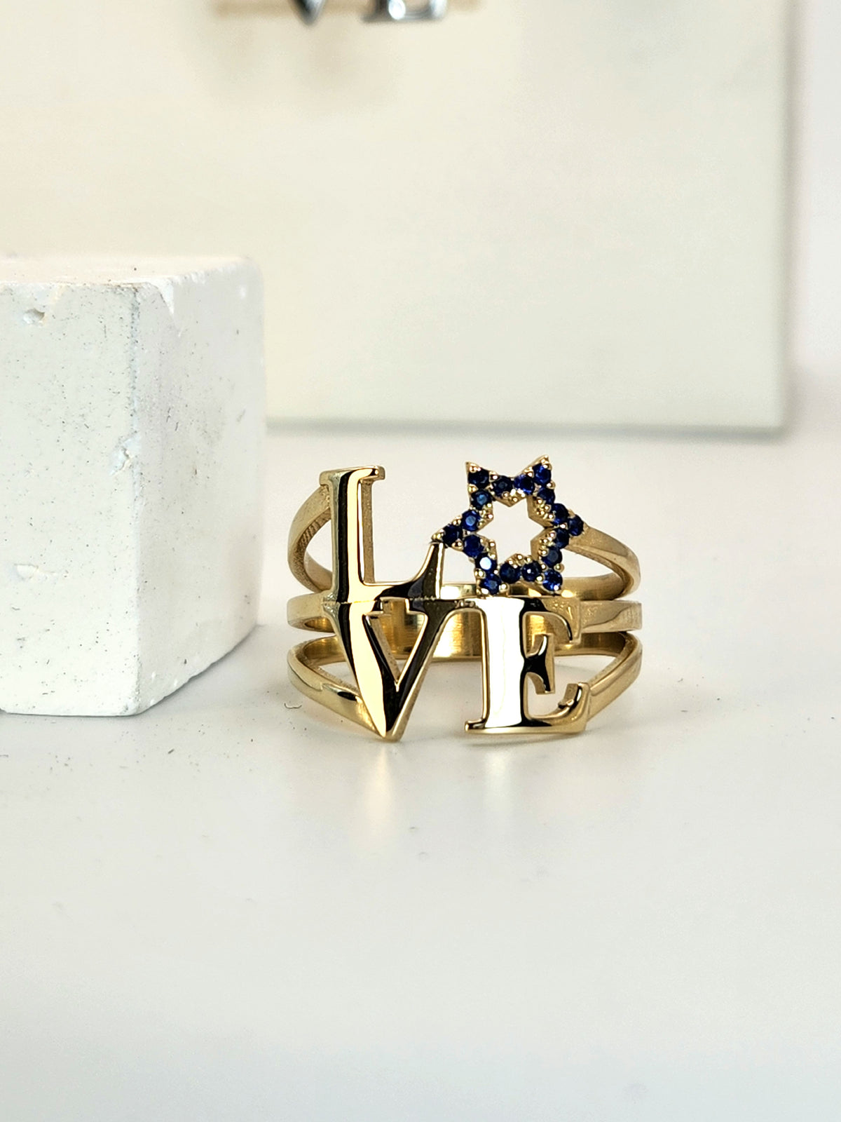 Love ring 14k gold set with blue natural sapphires