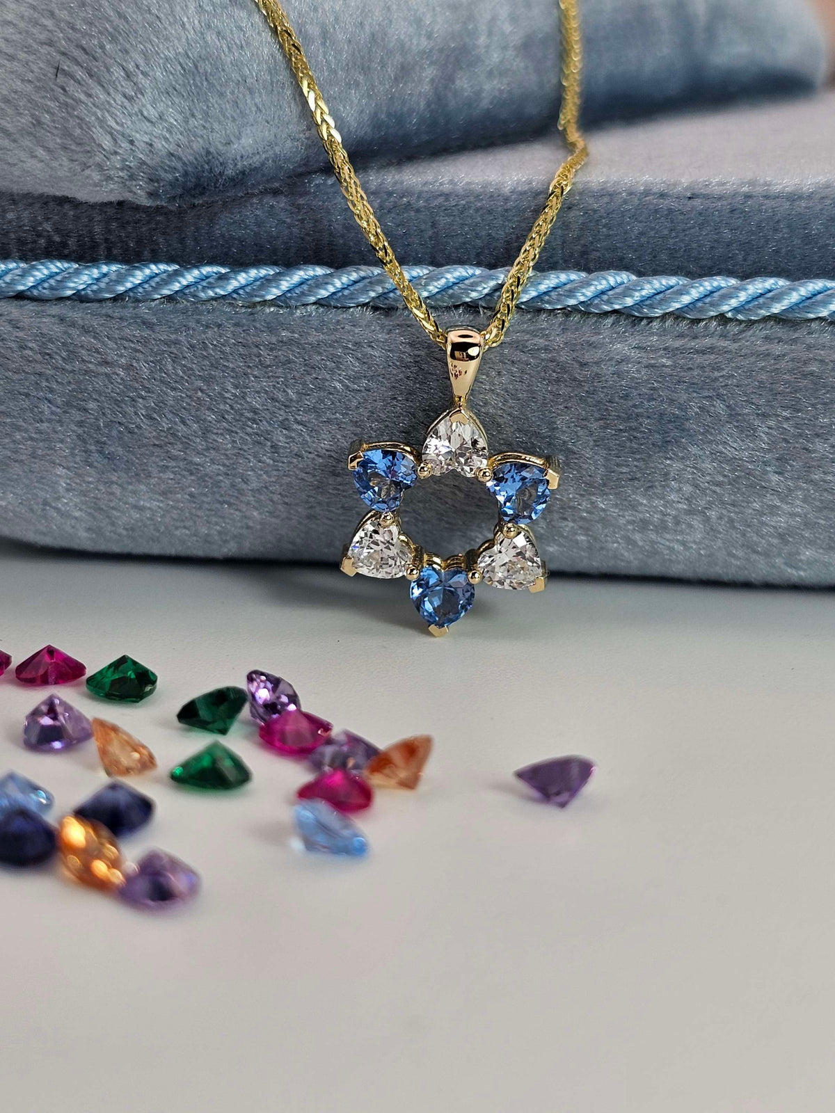 "David in love" 14k gold star of David set with 6 heart shaped cz on 14k chain
