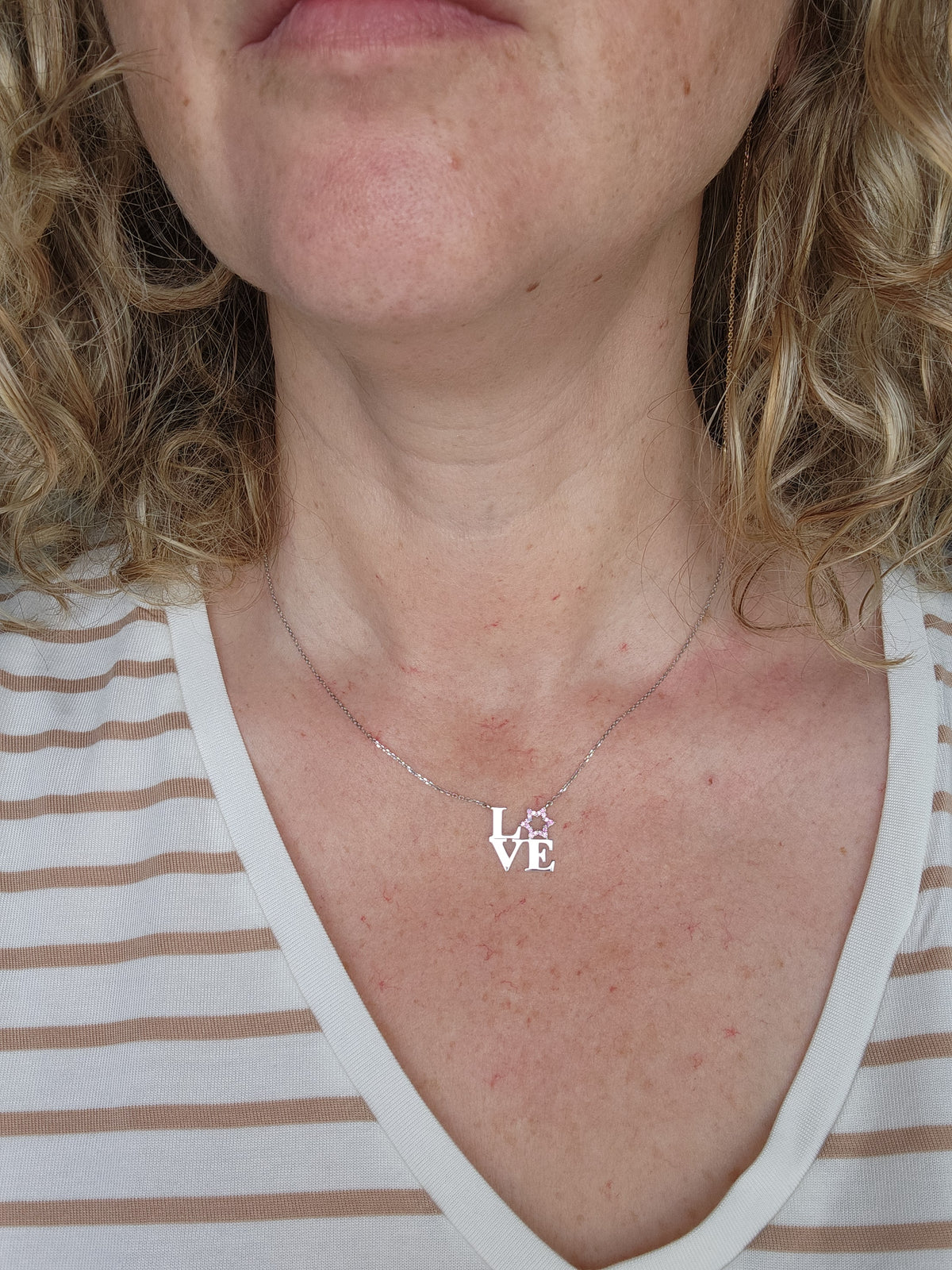 Love star david necklace, set with pink sapphires, 14k white gold