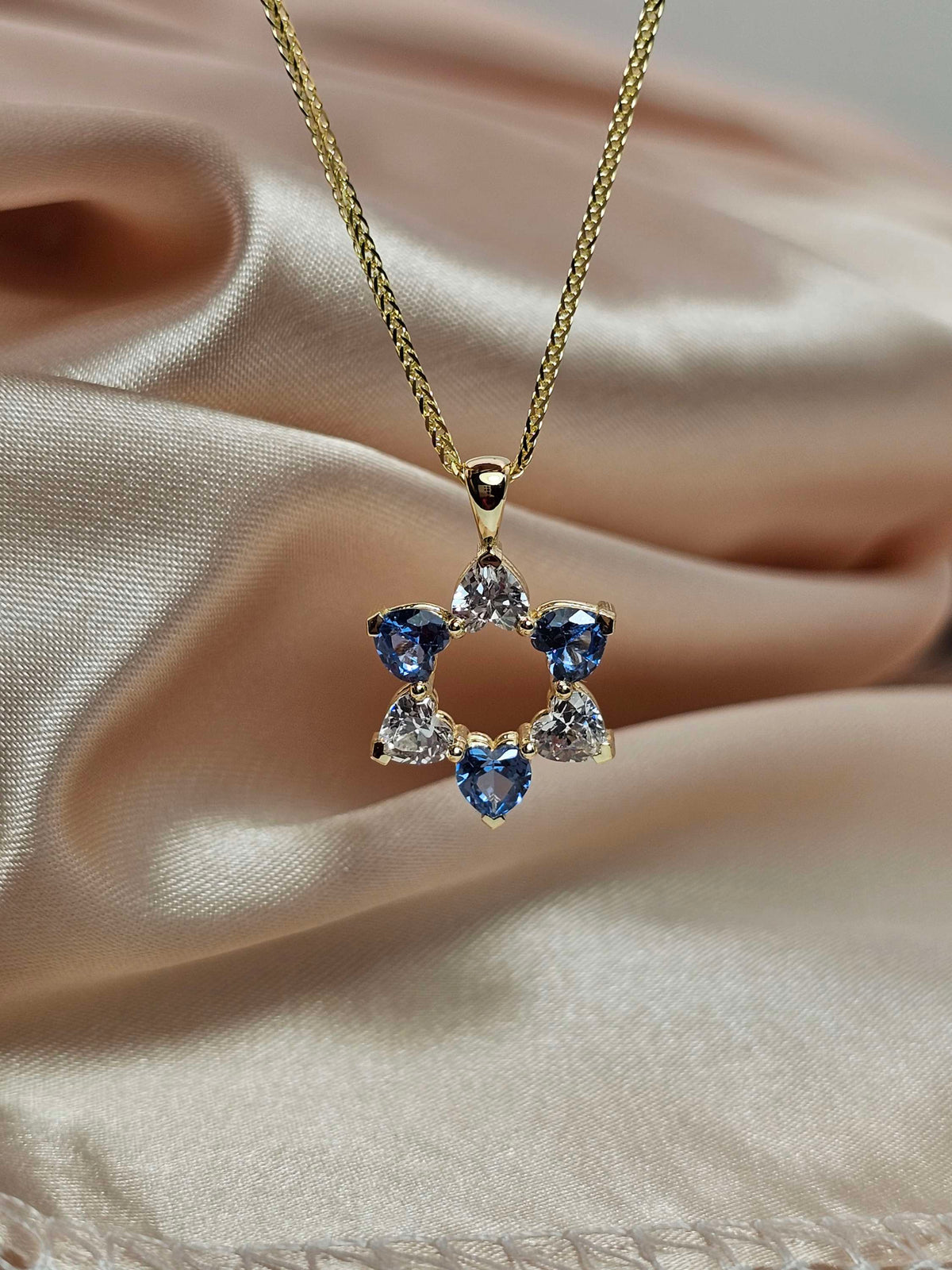 "David in love" 14k gold star of David set with 6 heart shaped cz on 14k chain
