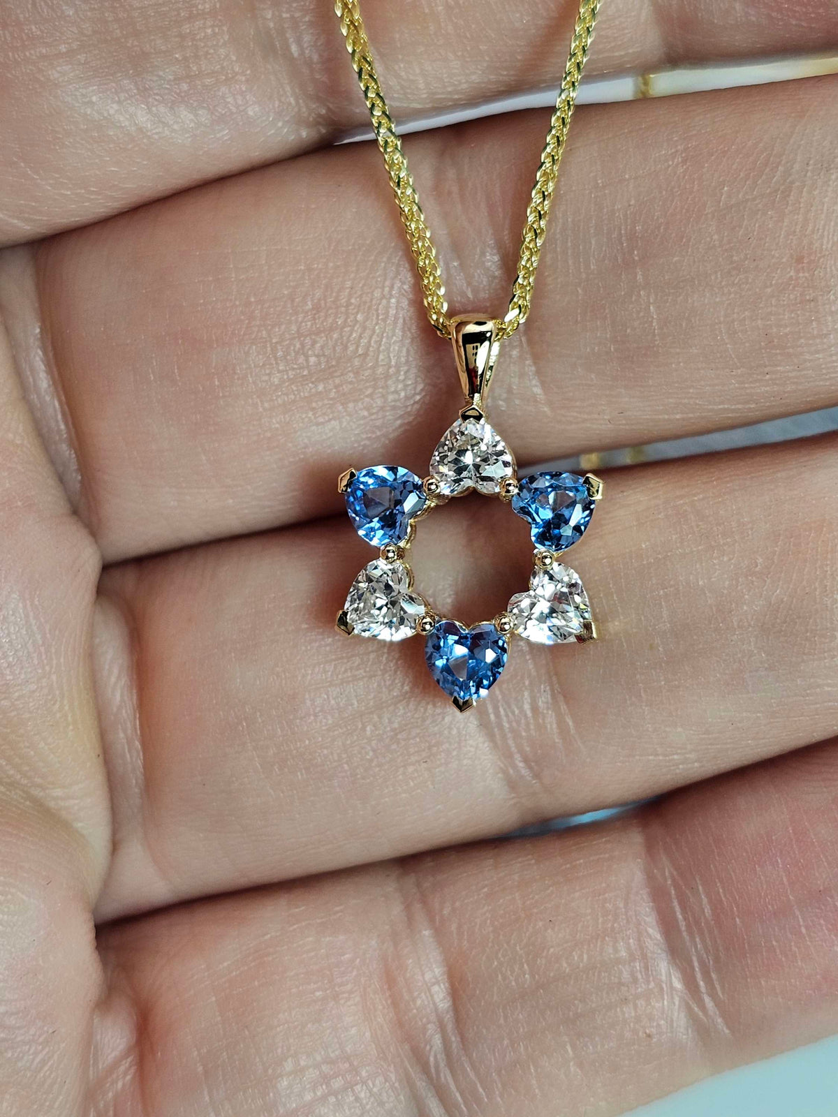 "David in love" 14k gold star of David set with 6 heart shaped cz on 14k chain