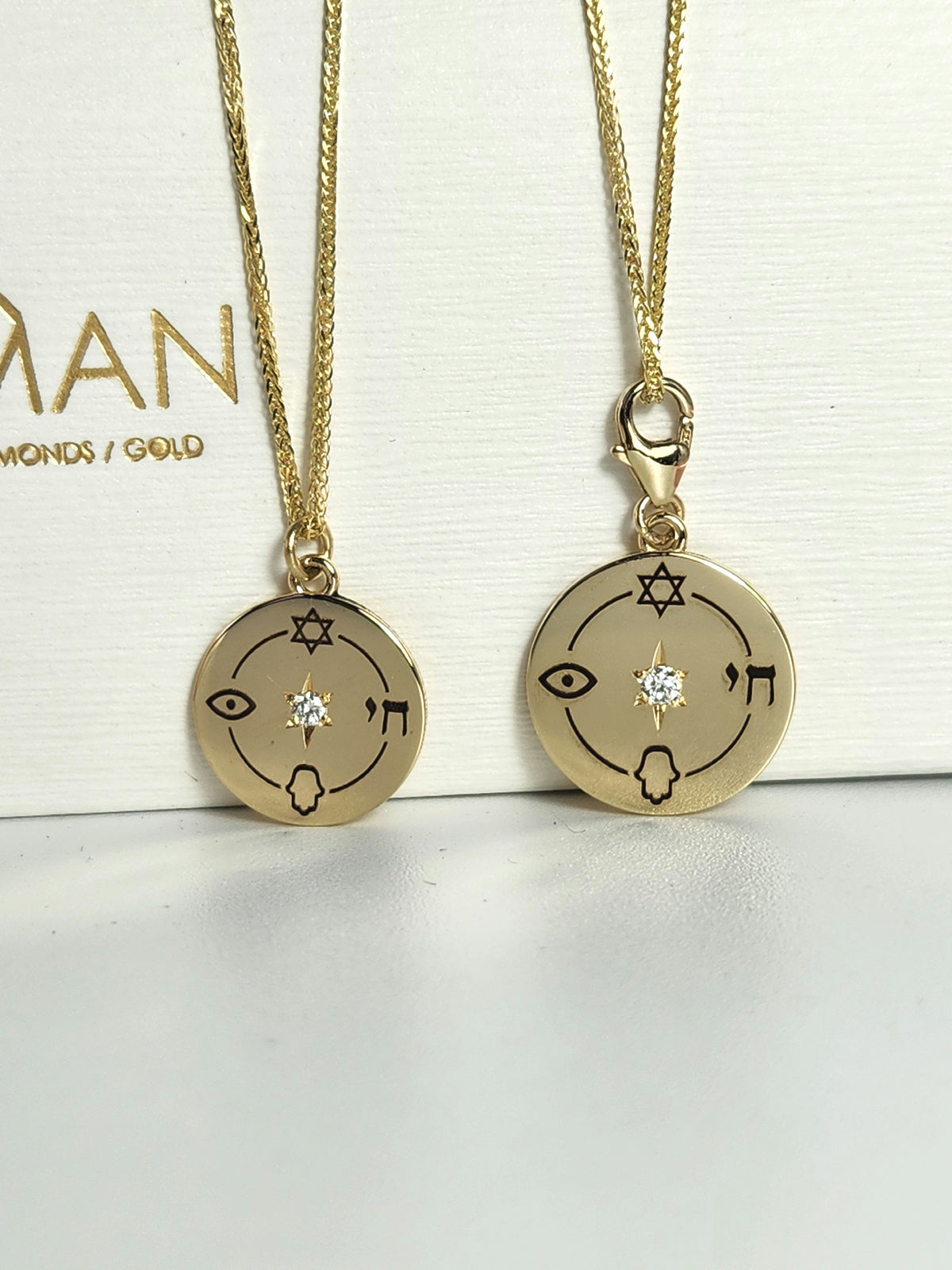 Small "Jewish compas" necklace, 14k gold set with natural diamond.