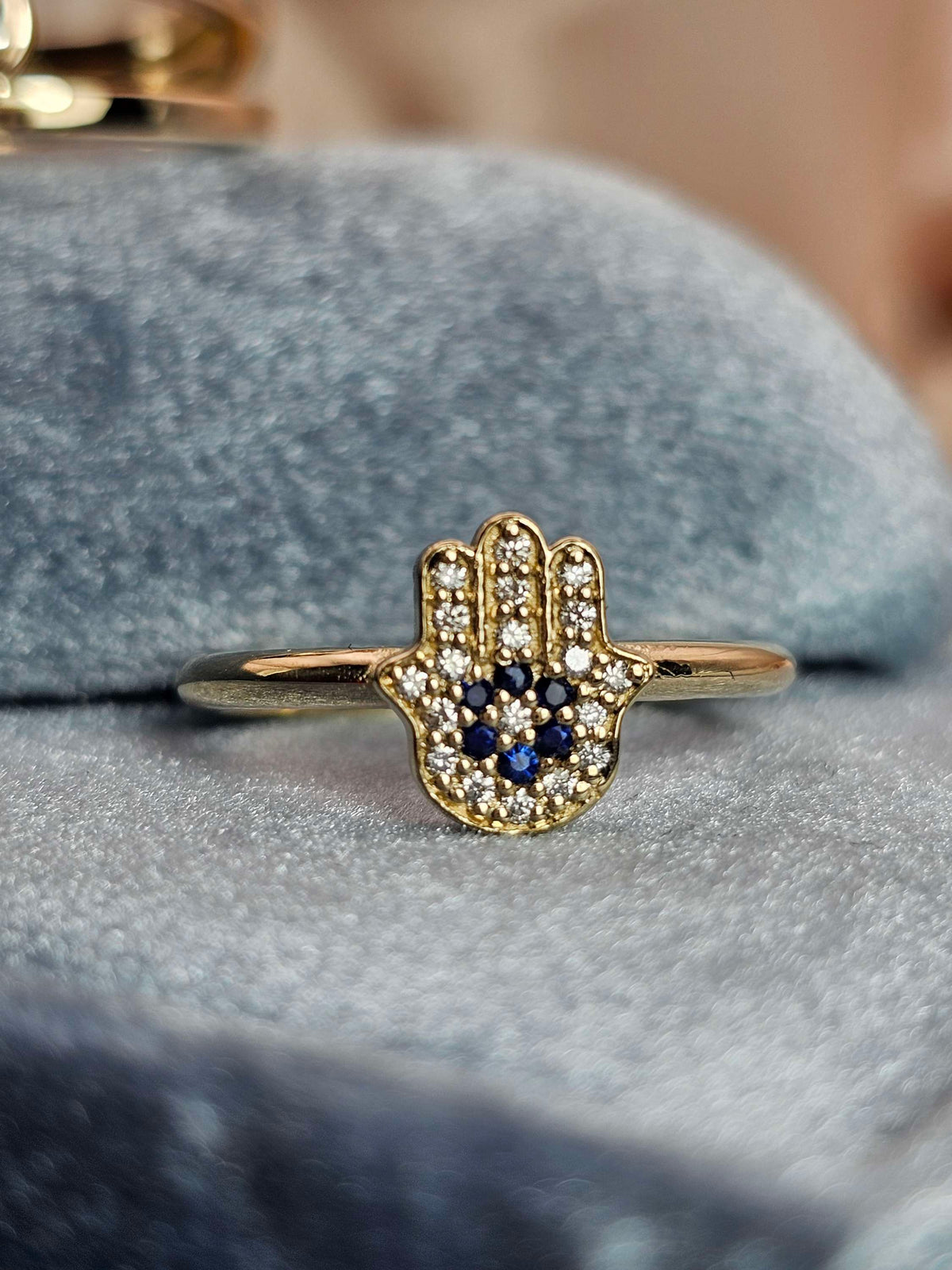 Hamsa ring "Miriam" 14k gold diamonds and sapphires