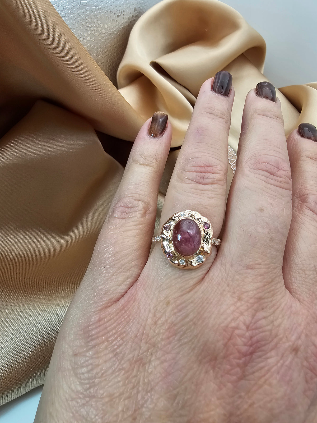 Pink tourmaline ring, 14k rose gold set with natural tourmaline and diamonds.