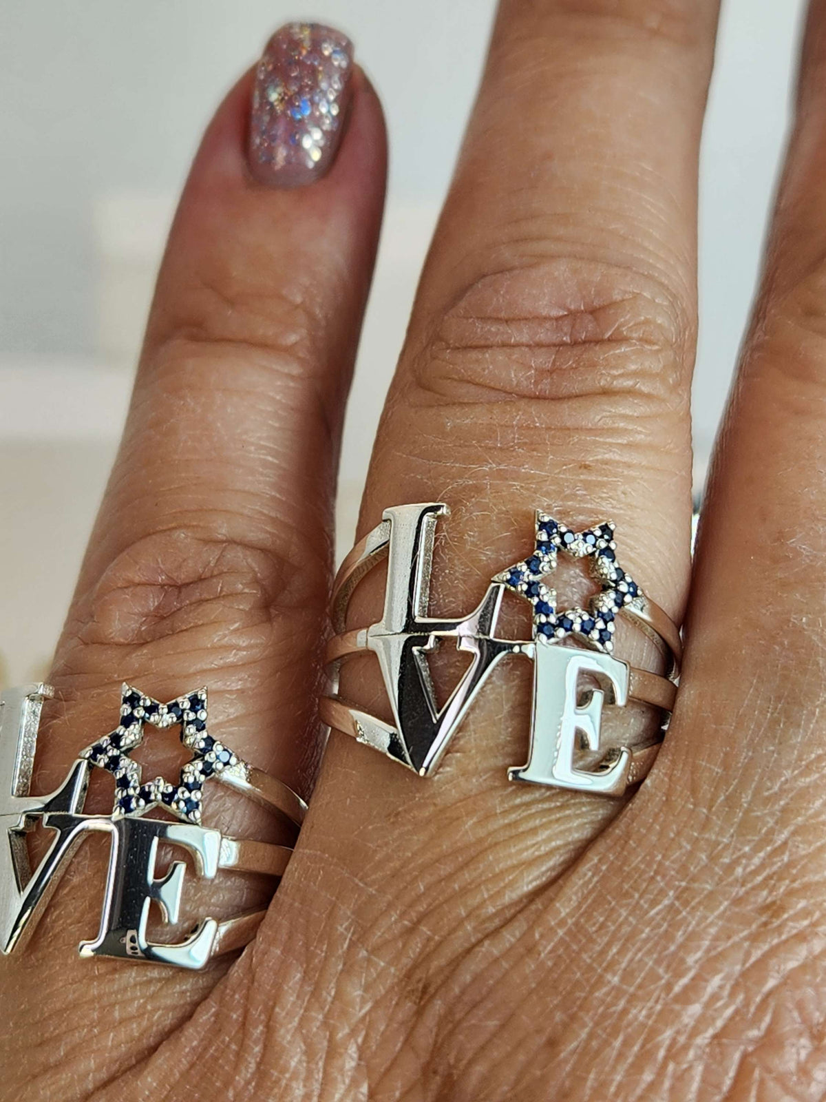Silver 925 love star of David  ring set with Natural sapphires