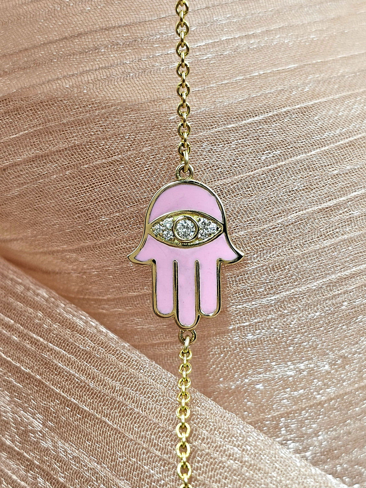 Enamel 14k hamsa necklace set with diamonds on 14k chain