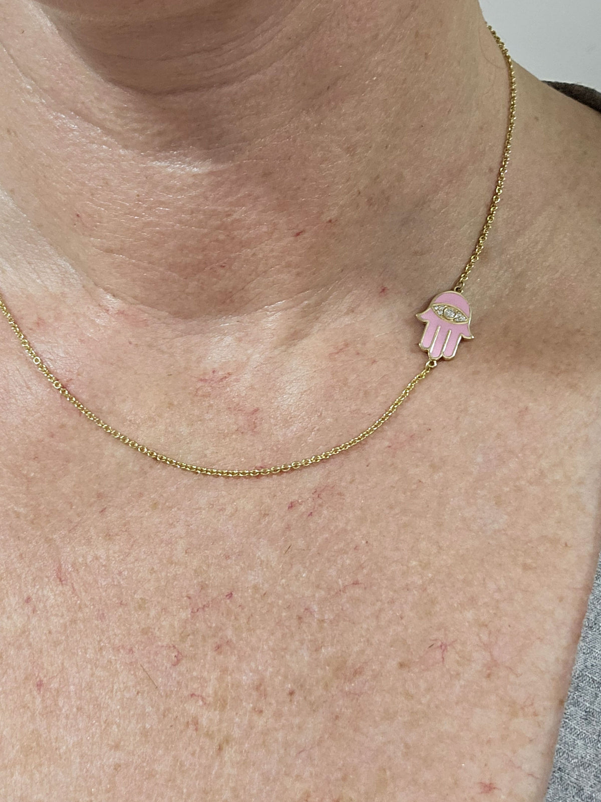 Enamel 14k hamsa necklace set with diamonds on 14k chain