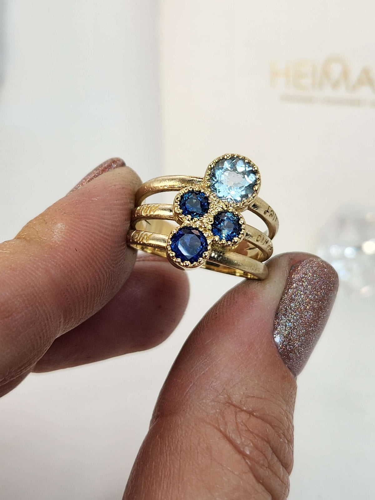 Mother's  love ring 14k gold set with natural gems
