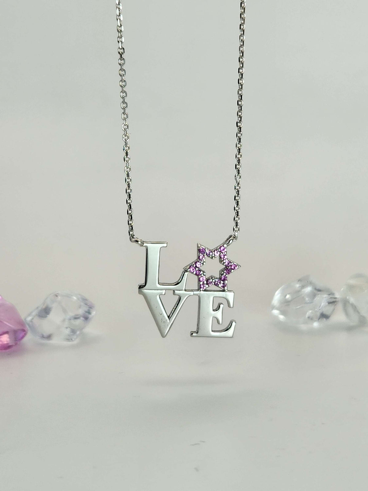 Love star david necklace, set with pink sapphires, 14k white gold