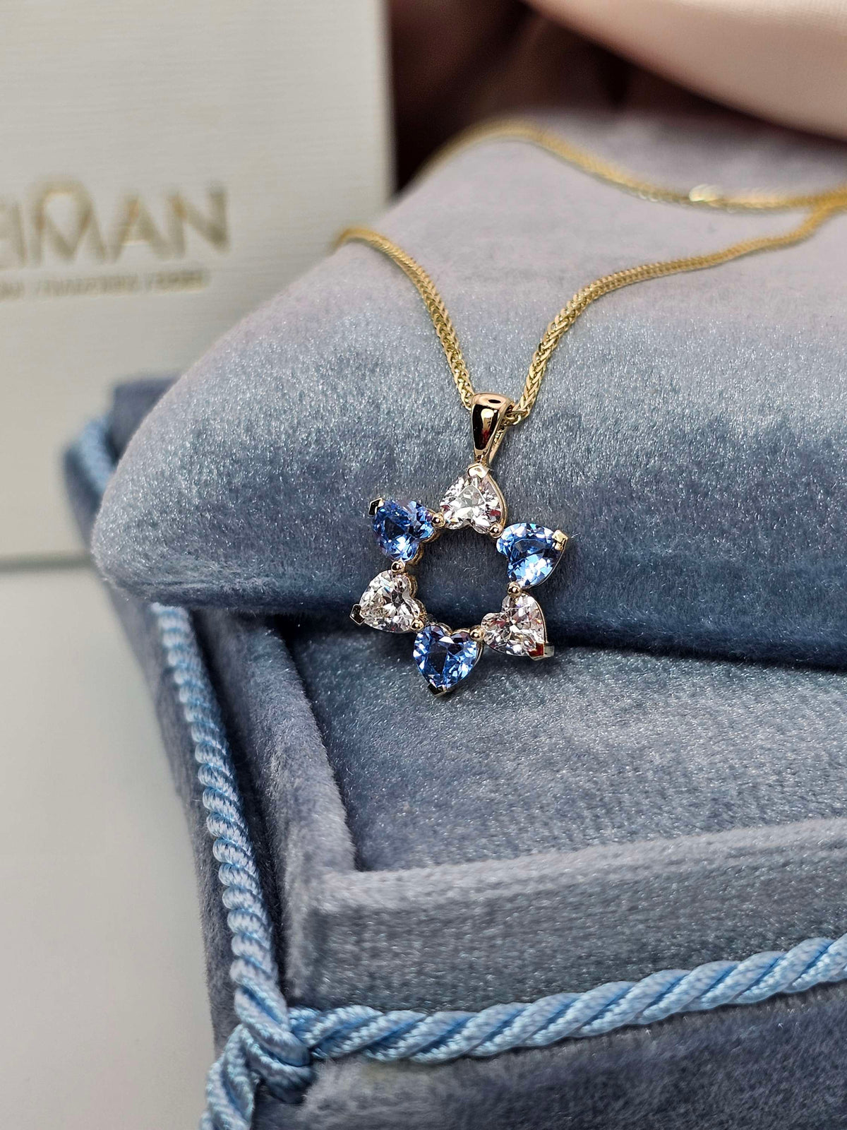 "David in love" 14k gold star of David set with 6 heart shaped cz on 14k chain