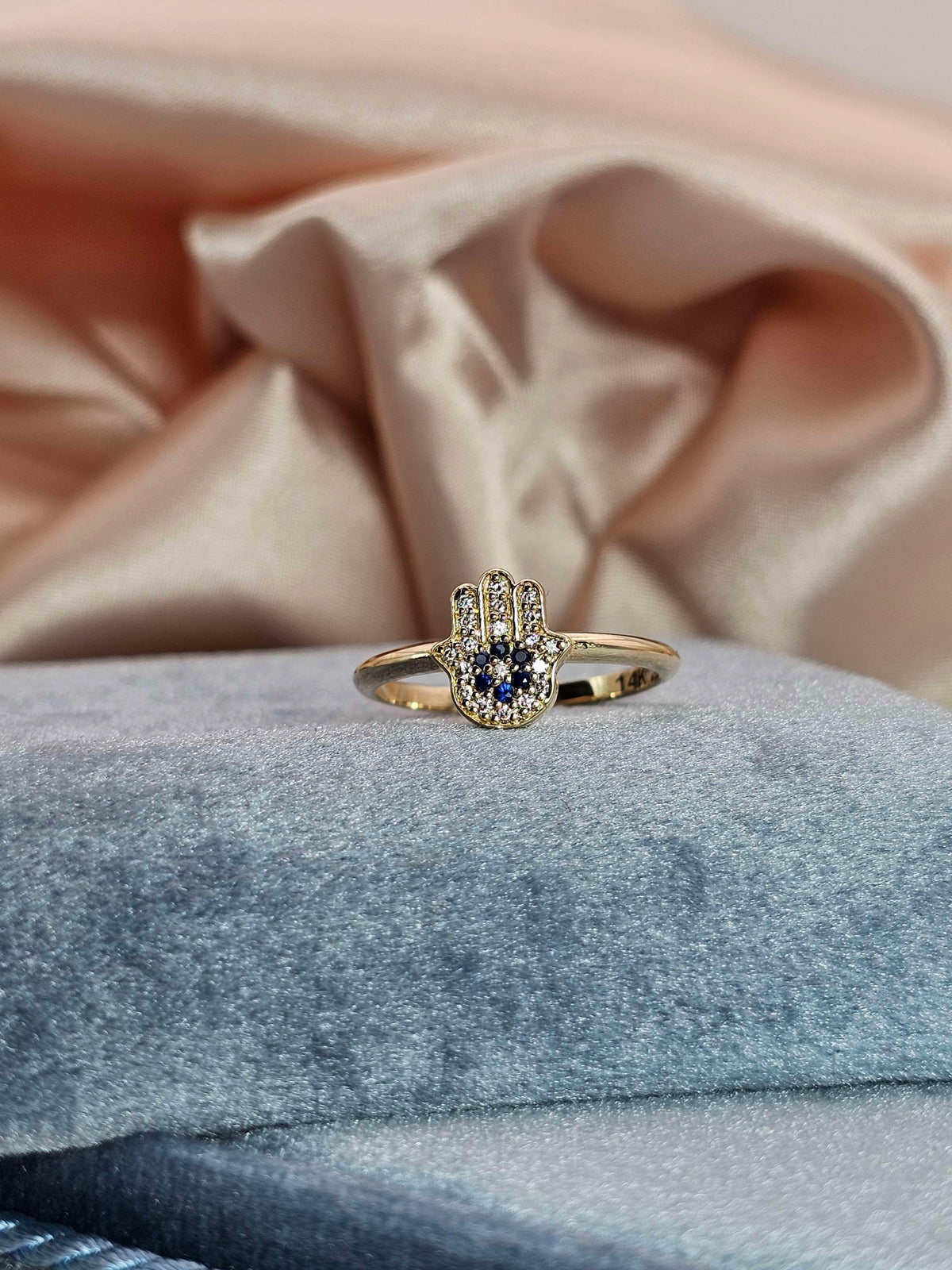 Hamsa ring "Miriam" 14k gold diamonds and sapphires