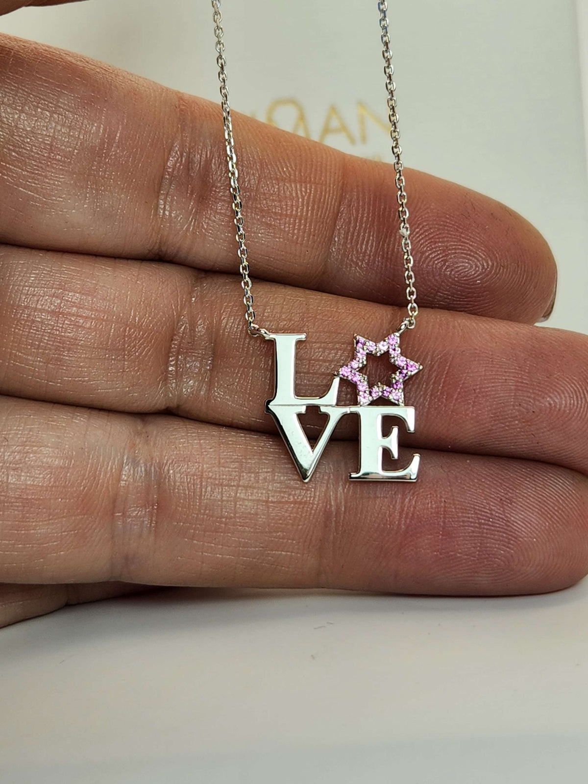 Love star david necklace, set with pink sapphires, 14k white gold
