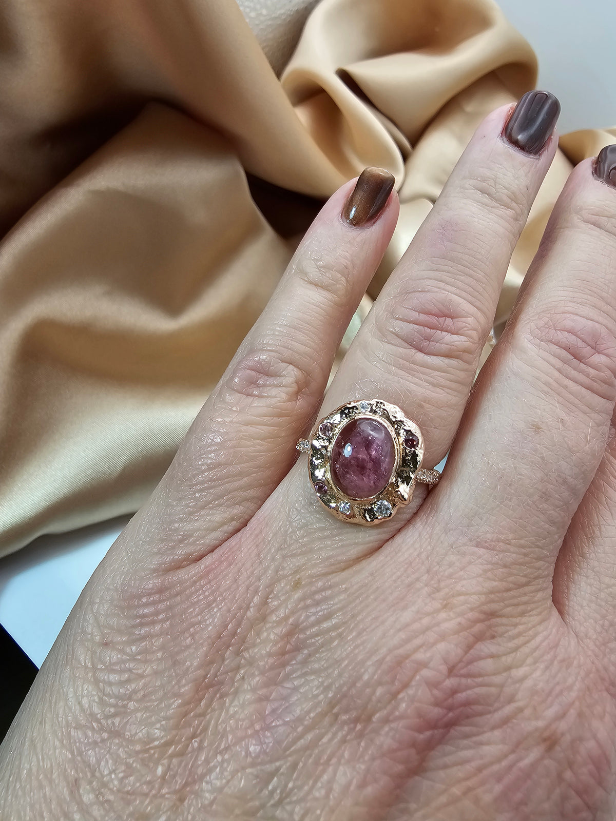 Pink tourmaline ring, 14k rose gold set with natural tourmaline and diamonds.