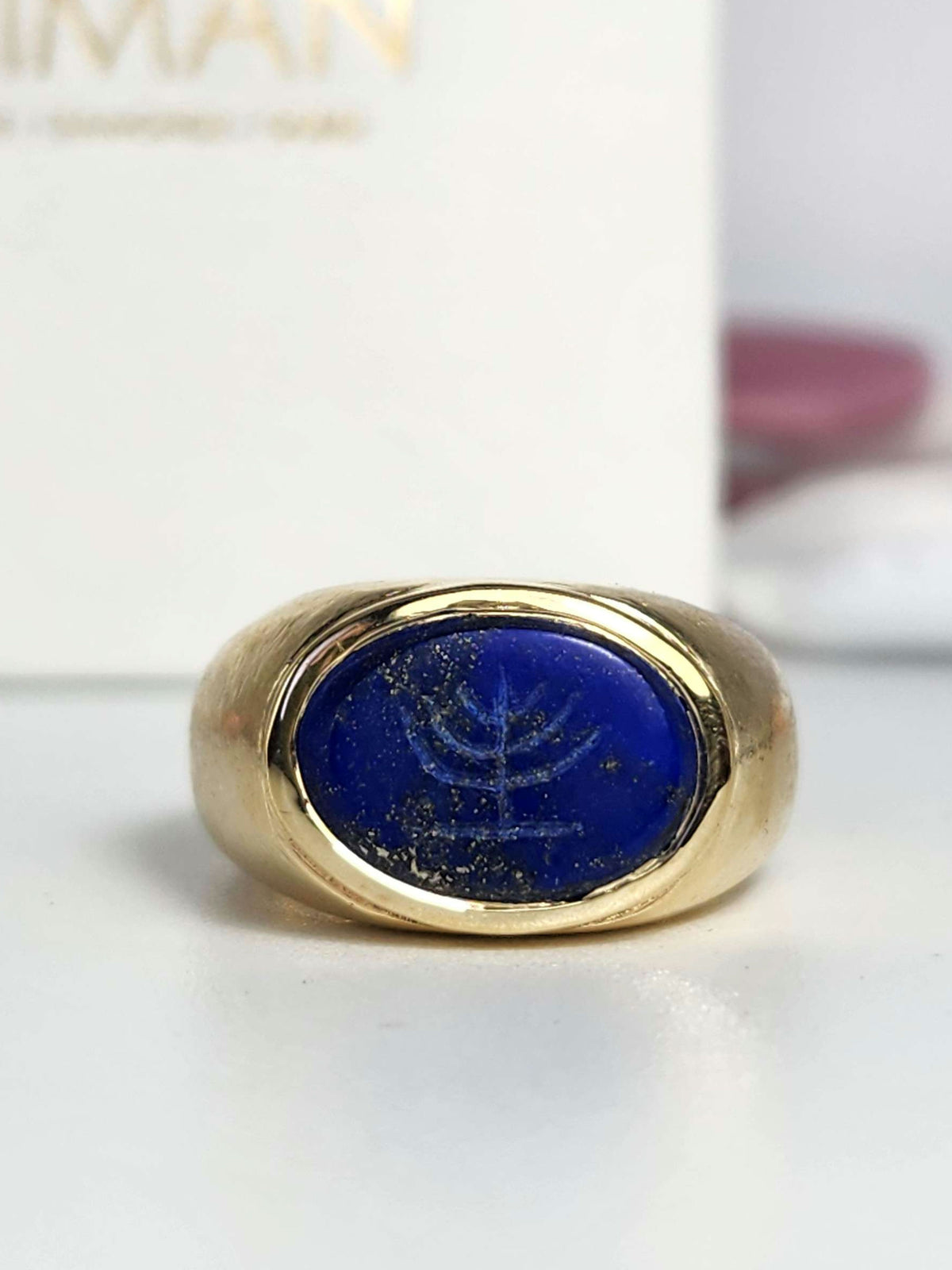 Zack ring 14k gold solid ancient look, set with natural Lapis lazuly engraved