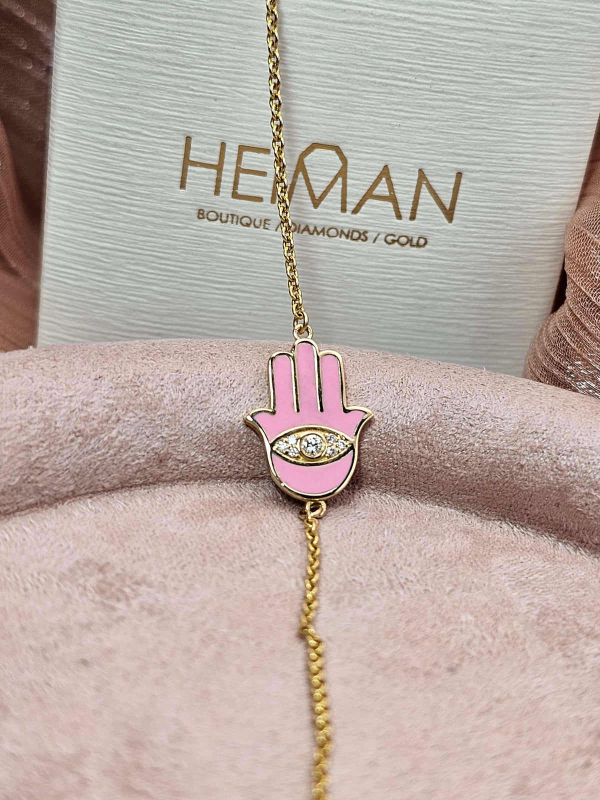 Enamel 14k hamsa necklace set with diamonds on 14k chain